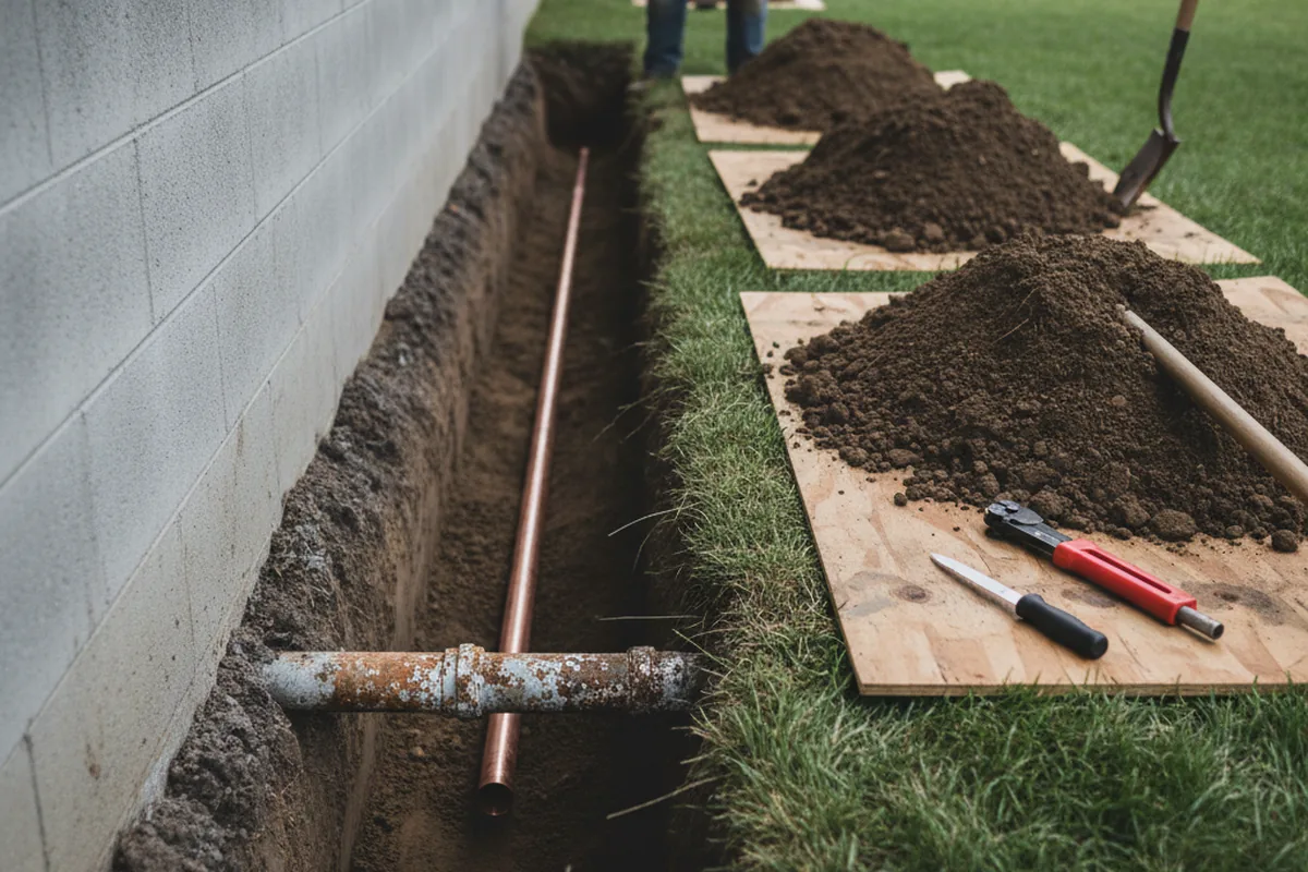 Excavated water line trench during Sewer Line Repair in Thornwood